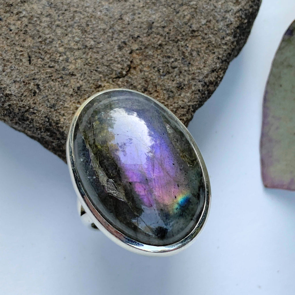 Pretty Pink & Purple Flash Labradorite Chunky Ring in Sterling Silver (Size 8.5) - Earth Family Crystals