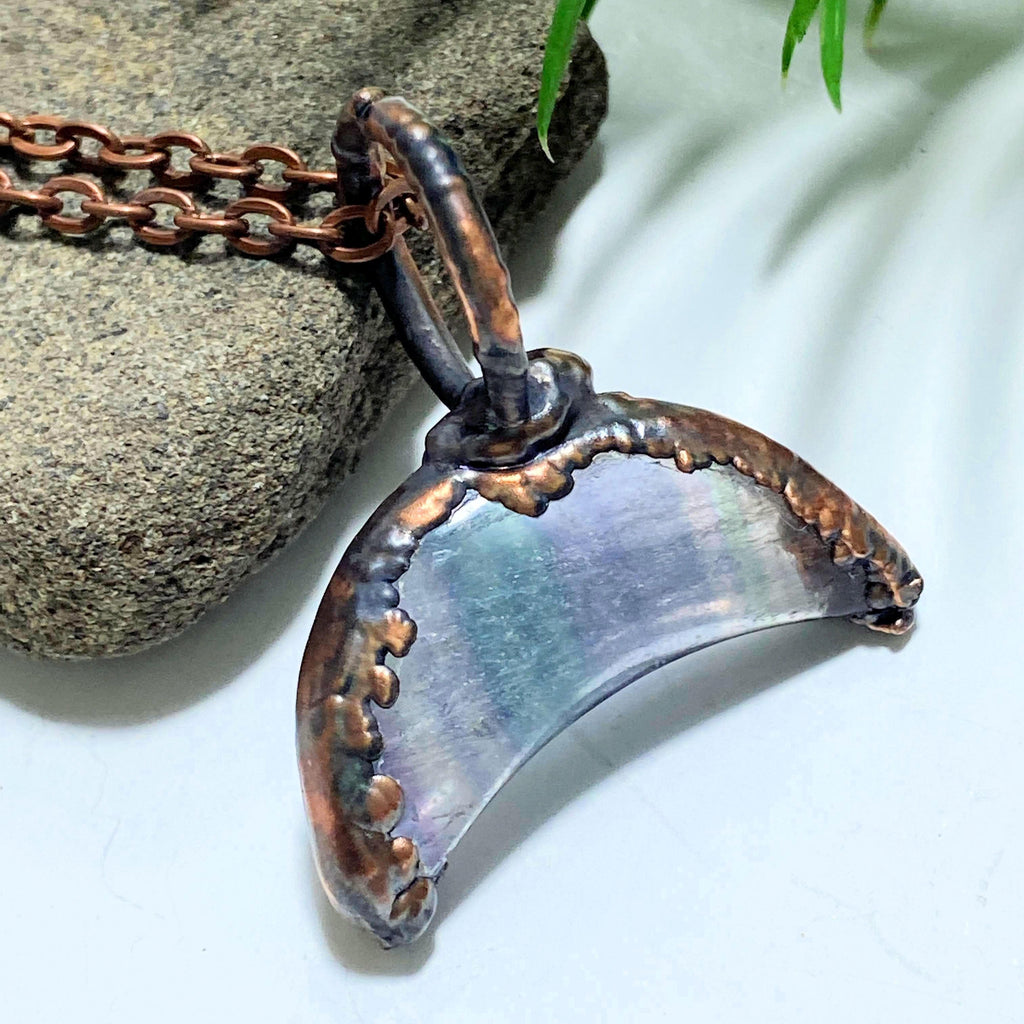 Rainbow Fluorite Crescent Moon Handmade Copper Necklace (24 inch chain) - Earth Family Crystals