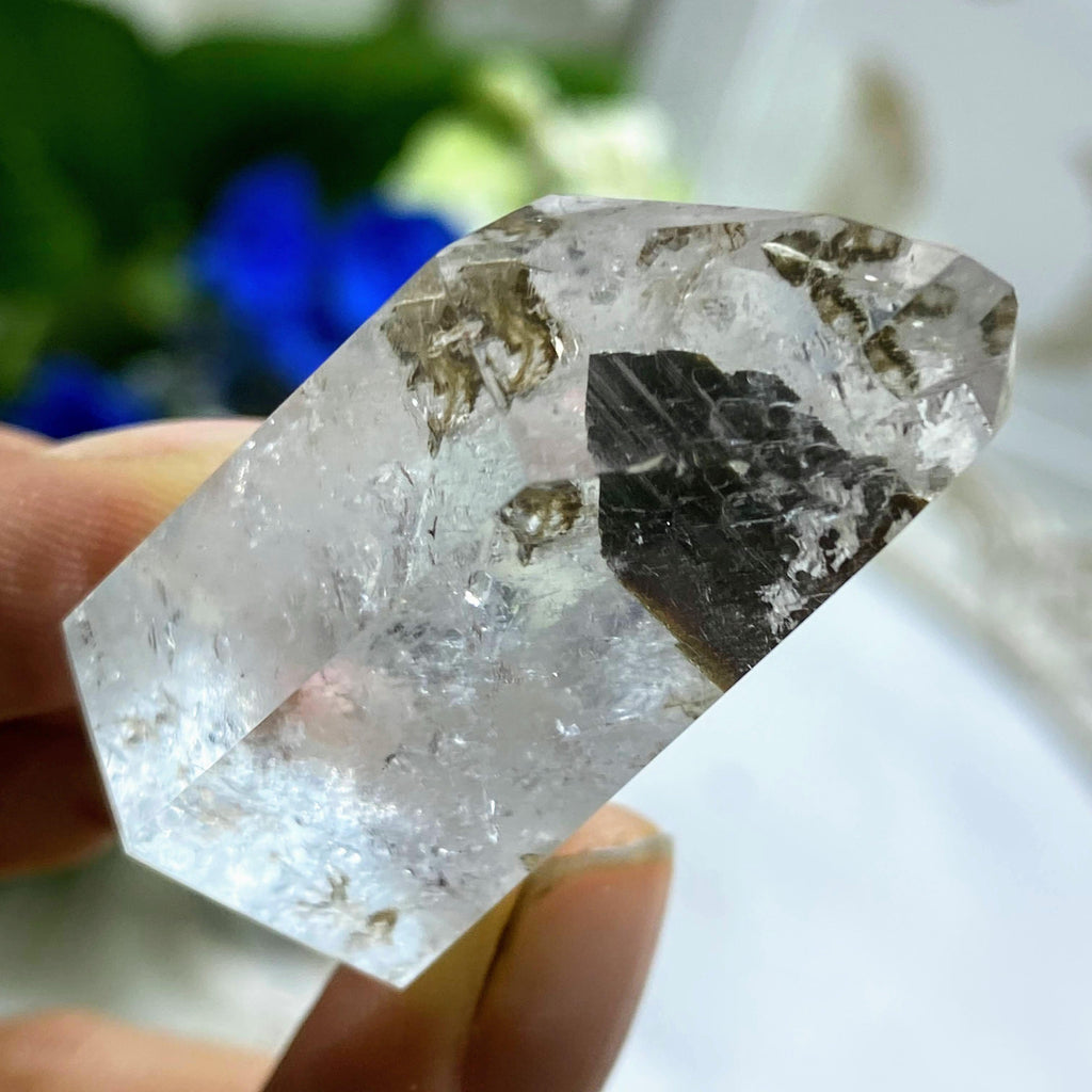 Unique Hematite Point Nestled in Brazillian Clear Quartz Standing Tower - Earth Family Crystals