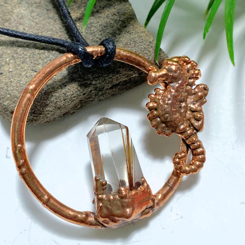 Handmade Rutilated Quartz & Seahorse Copper Necklace On Adjustable Cotton Cord - Earth Family Crystals