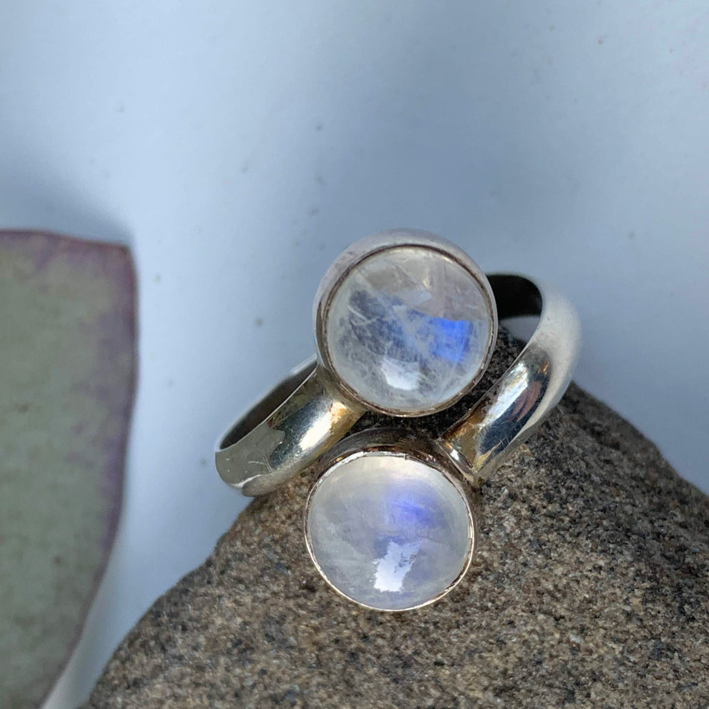Rainbow Moonstone Double Gem Sterling Silver Ring (Adjustable: Size 6-10) - Earth Family Crystals