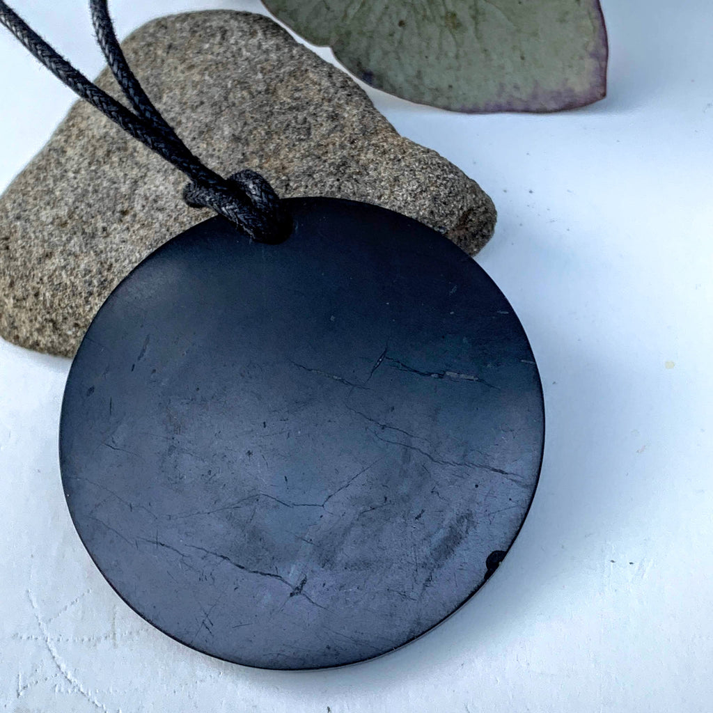 EMF Protective Chunky Full Moon Shungite Pendant on Adjustable Cotton Cord (REDUCED) - Earth Family Crystals