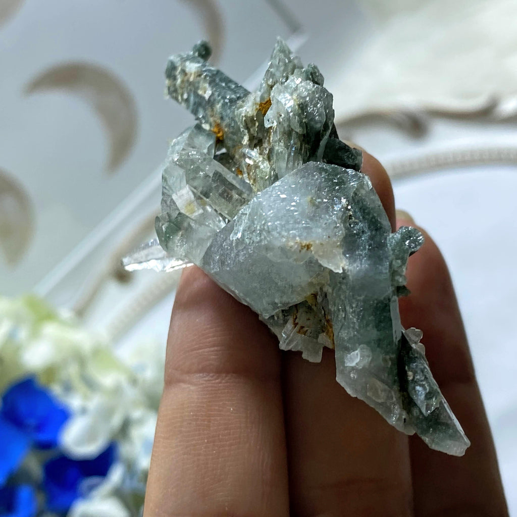 Gorgeous & Rare Samadhi Green Himalayan Quartz Cluster With Self Healed Points - Earth Family Crystals