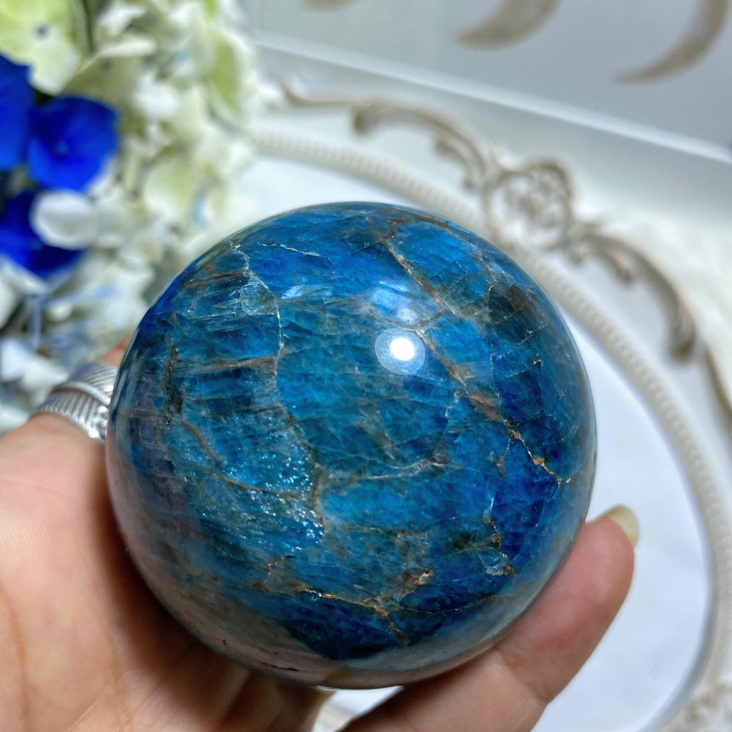 Gorgeous Blue Apatite Large Sphere Carving From Madagascar #1 (Includes Wood Stand) - Earth Family Crystals