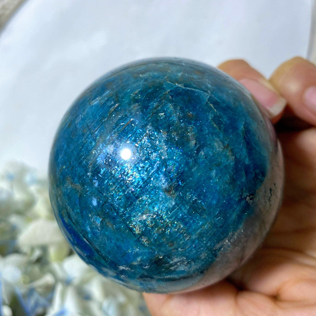 Blue Apatite Large Sphere Partially Polished Carving #2 (Includes Wood Stand) - Earth Family Crystals