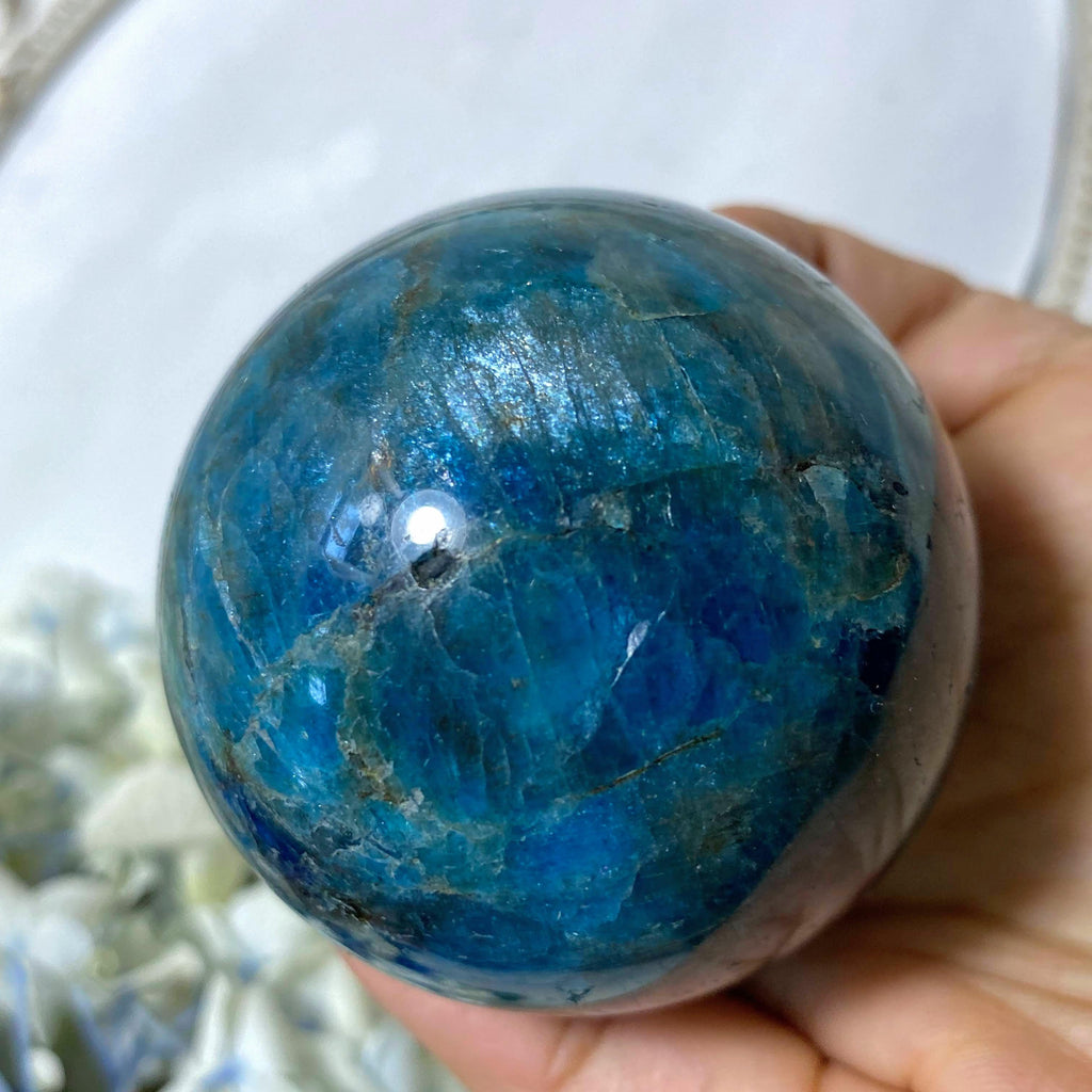 Blue Apatite Large Sphere Partially Polished Carving #2 (Includes Wood Stand) - Earth Family Crystals