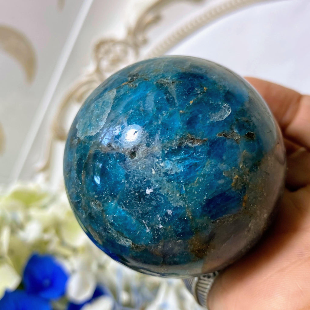 Blue Apatite Large Sphere Partially Polished Carving #3 (Includes Wood Stand) - Earth Family Crystals