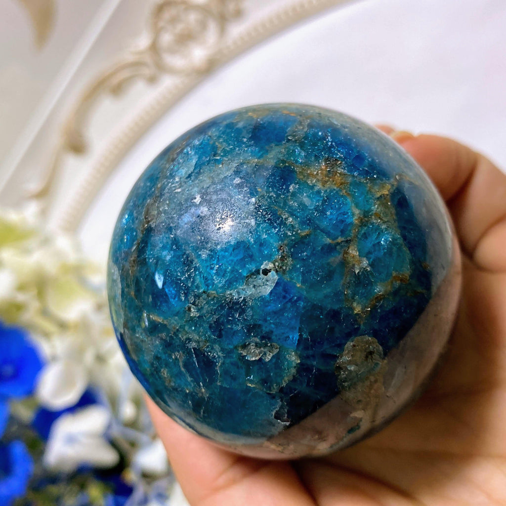 Blue Apatite Large Sphere Partially Polished Carving #3 (Includes Wood Stand) - Earth Family Crystals