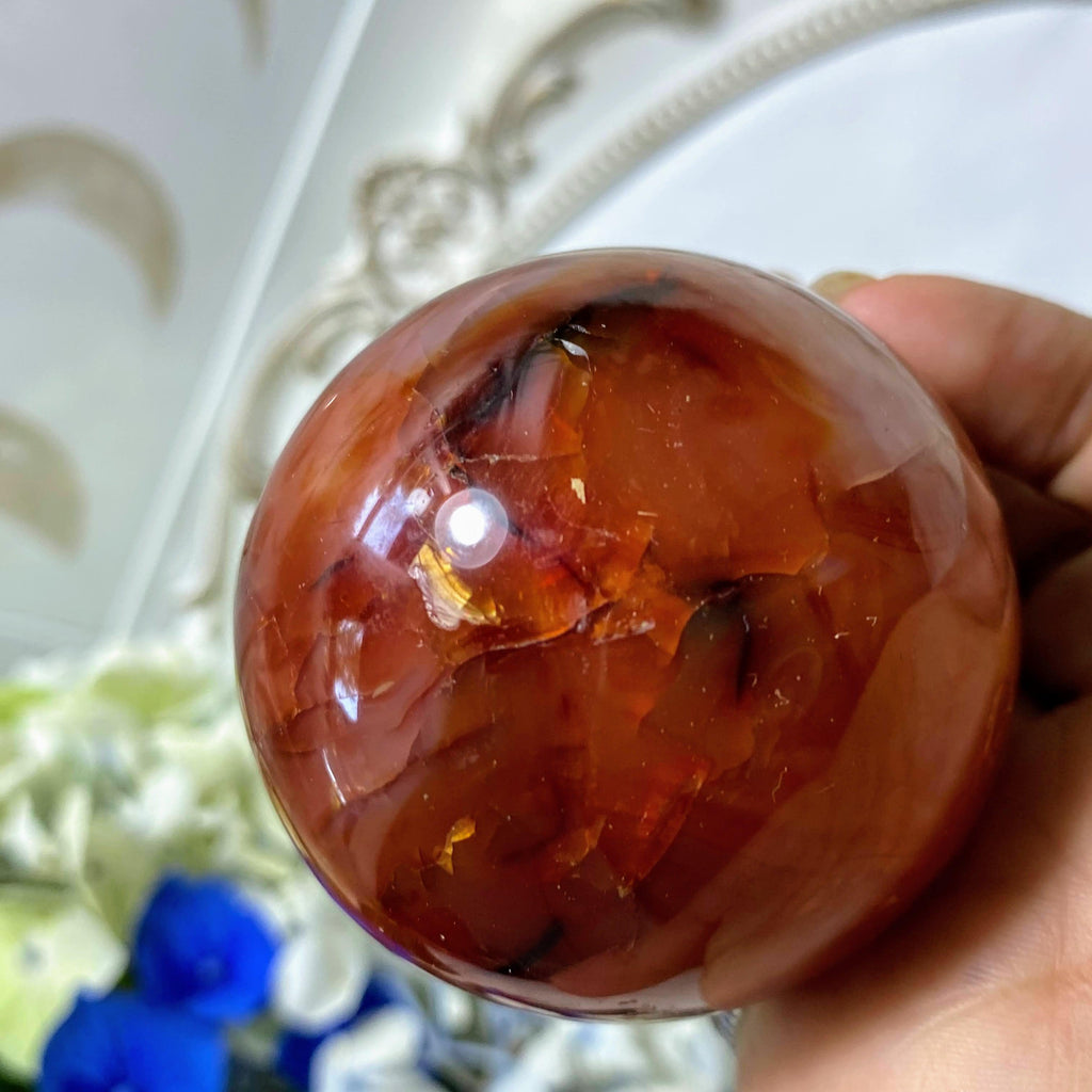 Fiery Orange/Red Carnelian Large Sphere From Madagascar (Includes Wood Stand) #2 - Earth Family Crystals