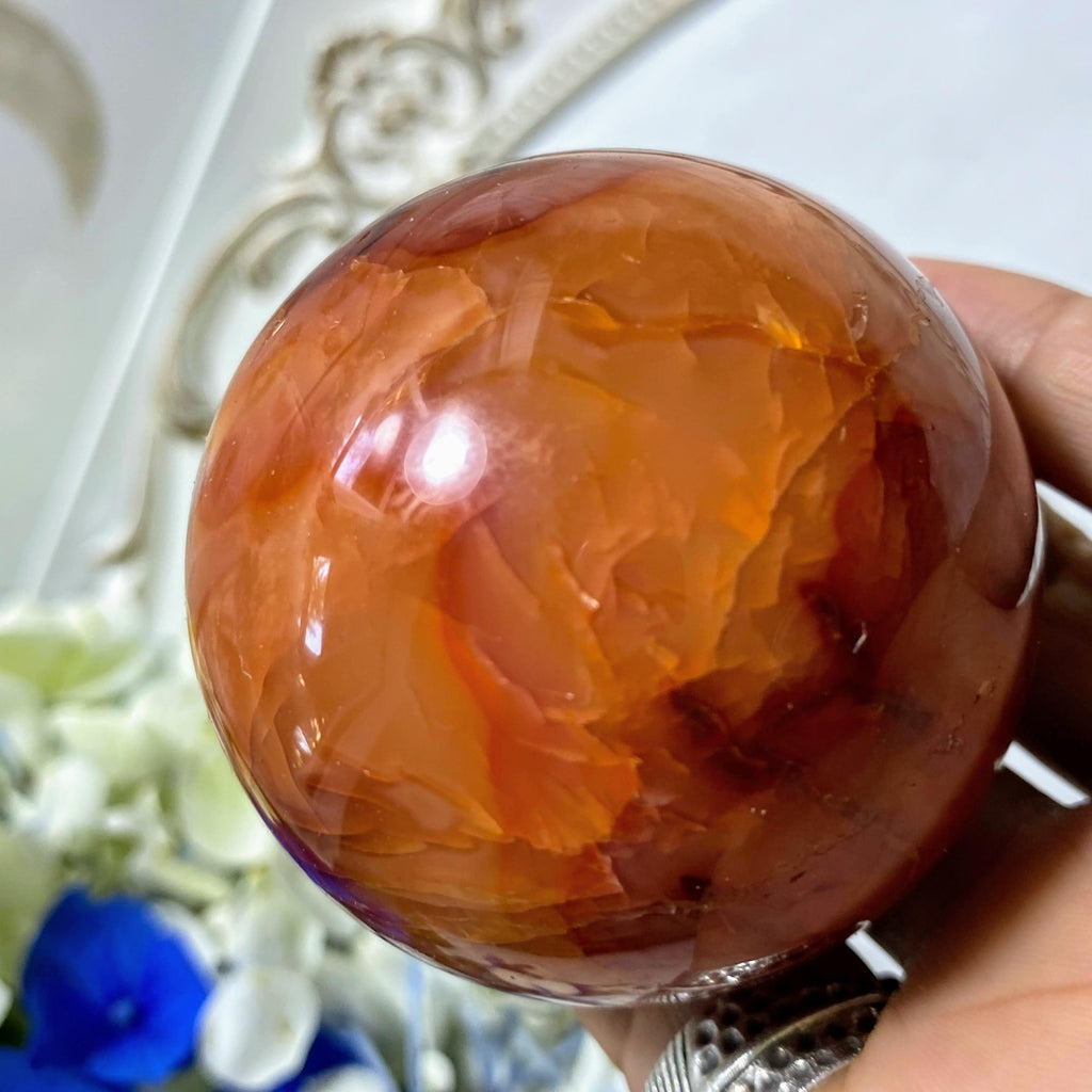 Fiery Orange/Red Carnelian Large Sphere From Madagascar (Includes Wood Stand) #3 - Earth Family Crystals