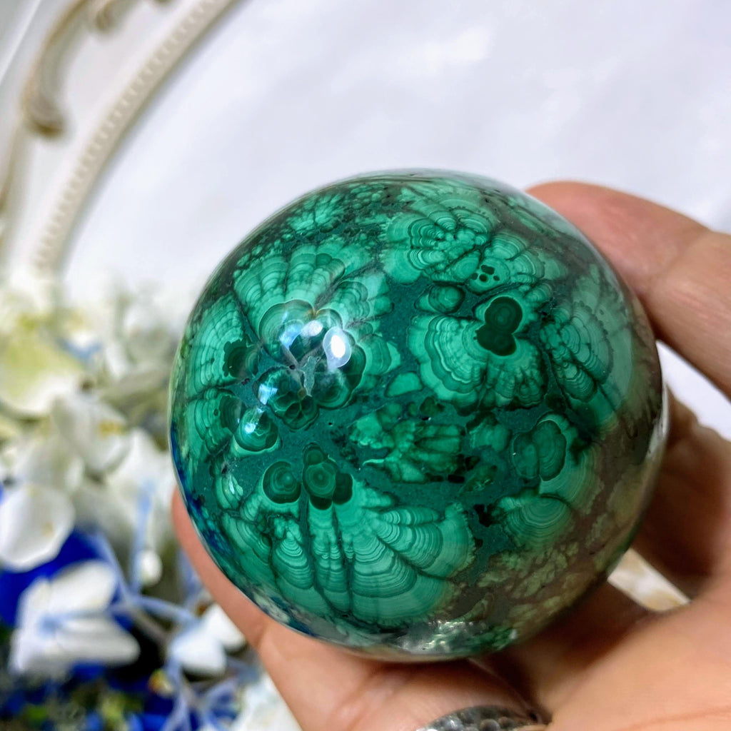 Gorgeous Green Flower Patterns Malachite Large Sphere Carving (Includes Wood Stand) #1 - Earth Family Crystals