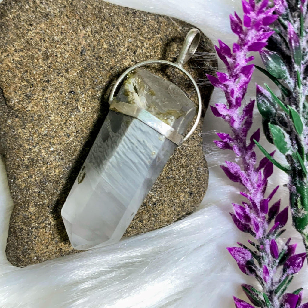 Frosted Gray Angel Phantom Quartz Partially Polished Pendant in Sterling Silver (Includes Silver Chain) #1 - Earth Family Crystals