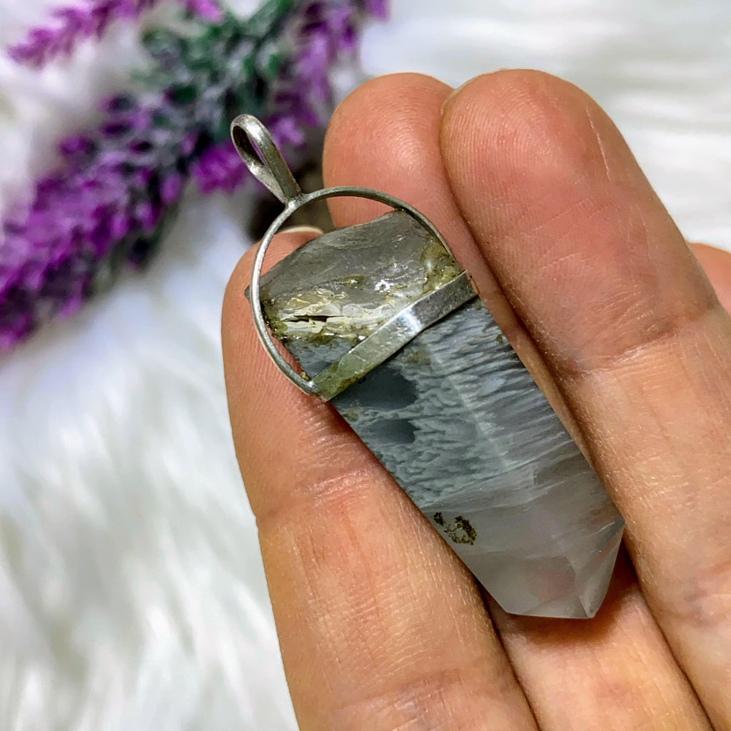 Frosted Gray Angel Phantom Quartz Partially Polished Pendant in Sterling Silver (Includes Silver Chain) #1 - Earth Family Crystals