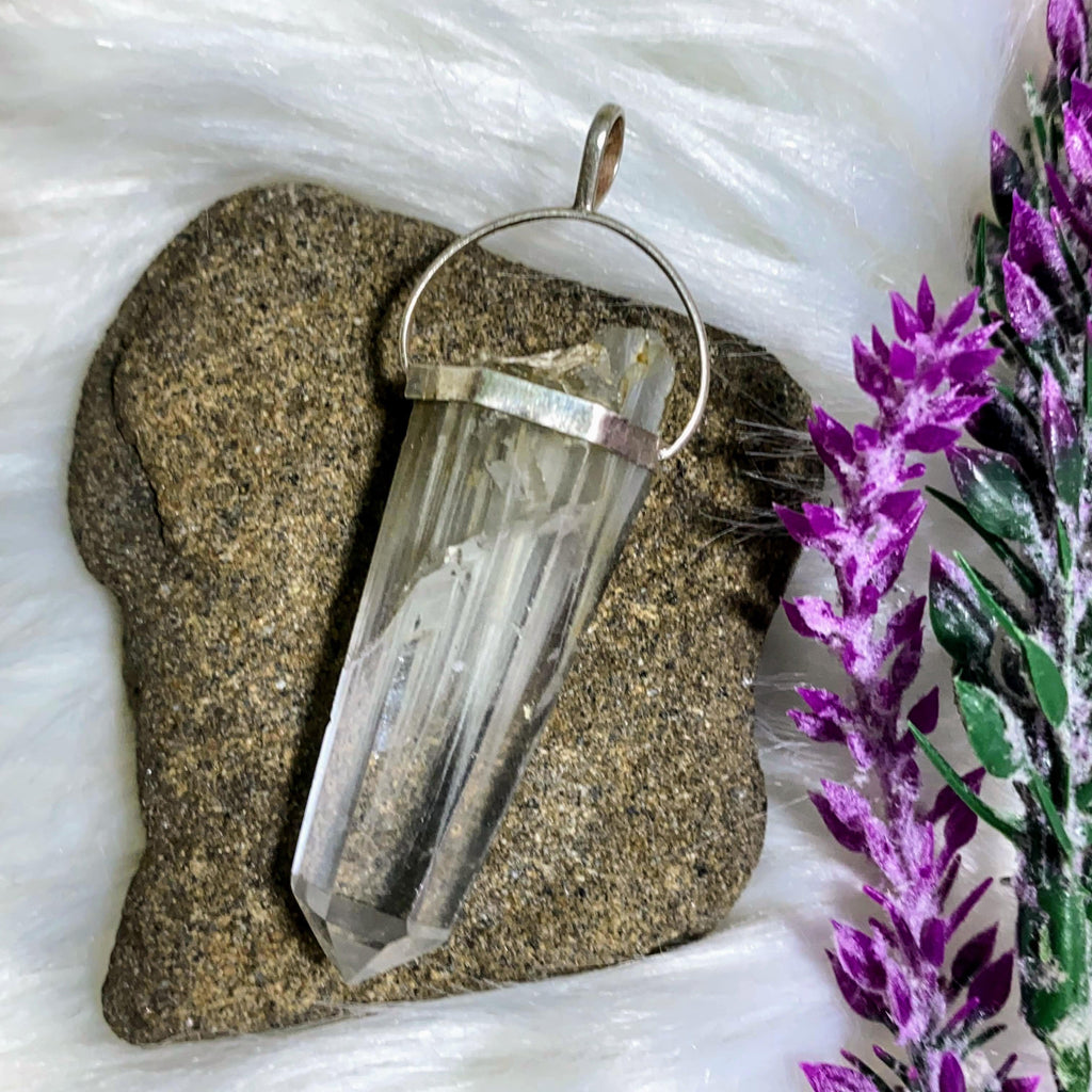 Frosted Gray Angel Phantom Quartz Partially Polished Pendant in Sterling Silver (Includes Silver Chain) #2 - Earth Family Crystals
