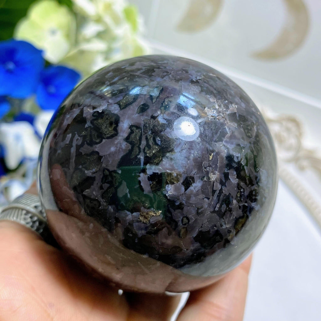 Gorgeous Large Indigo Gabbro (Mystic Merlinite) Sphere Carving *Includes Wood Stand #1 - Earth Family Crystals