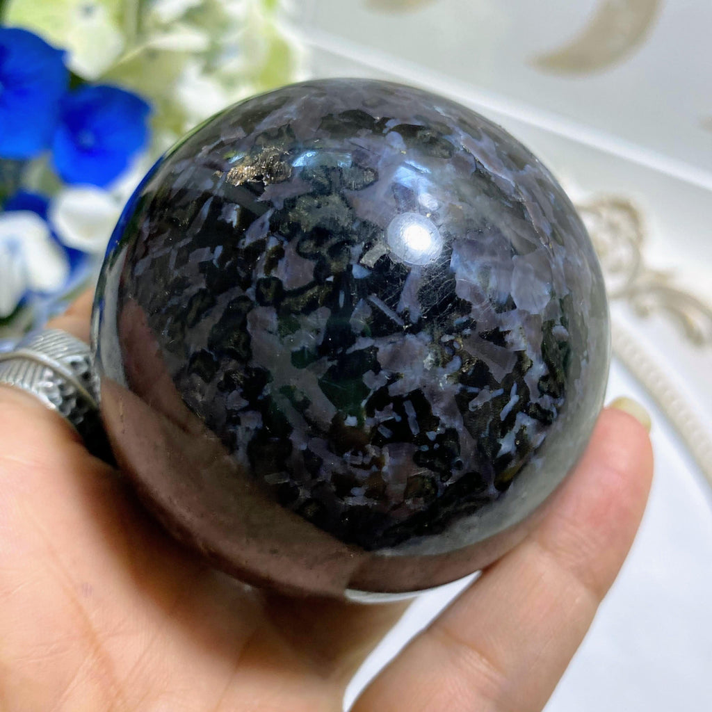 Gorgeous Large Indigo Gabbro (Mystic Merlinite) Sphere Carving *Includes Wood Stand #1 - Earth Family Crystals