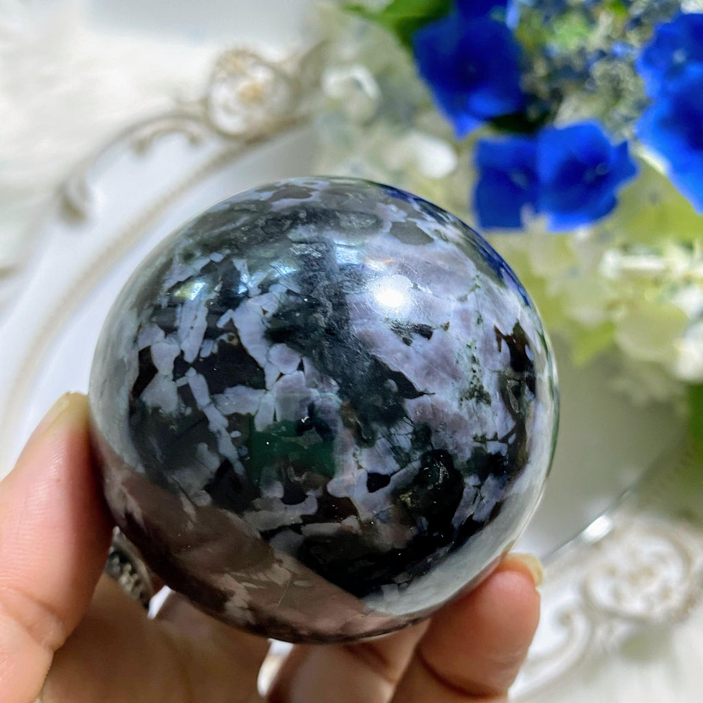 Indigo Gabbro (Mystic Merlinite) Large Sphere Carving *Includes Wood Stand #2 - Earth Family Crystals