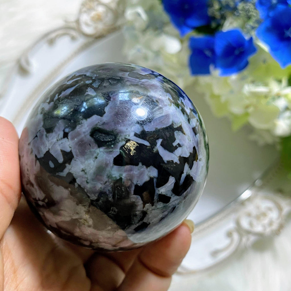 Indigo Gabbro (Mystic Merlinite) Large Sphere Carving *Includes Wood Stand #2 - Earth Family Crystals