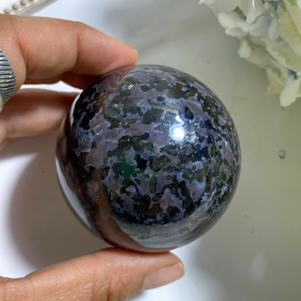ndigo Gabbro (Mystic Merlinite) Large Sphere Carving *Includes Wood Stand #3 - Earth Family Crystals