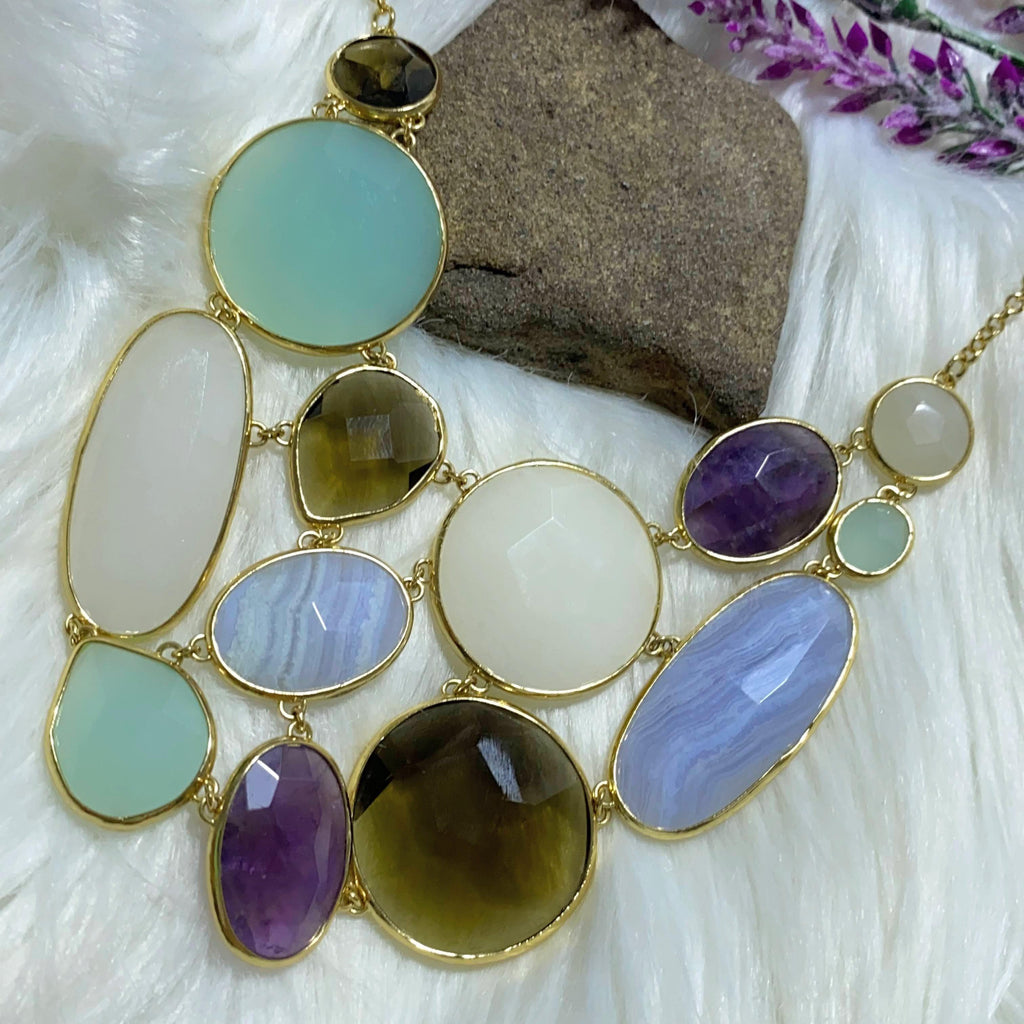 Incredible Big Statement Necklace! Features Rose & Smoky Quartz, Blue Lace Agate, Amethyst, Blue Chalcedony 17" Necklace - Earth Family Crystals