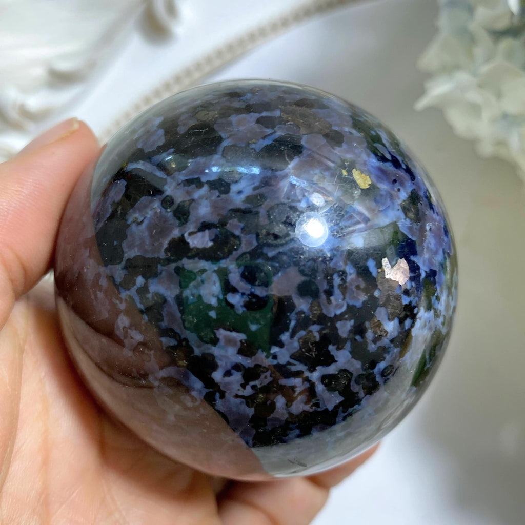 ndigo Gabbro (Mystic Merlinite) Large Sphere Carving *Includes Wood Stand #3 - Earth Family Crystals
