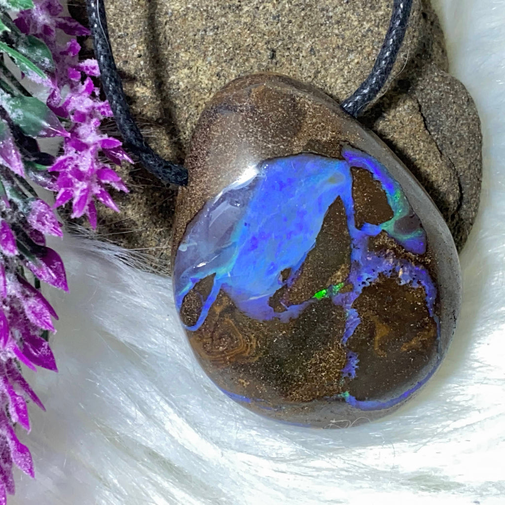 Gorgeous Green Sparkle! High Grade Australian Boulder Opal Pendant on Adjustable Cotton Cord - Earth Family Crystals