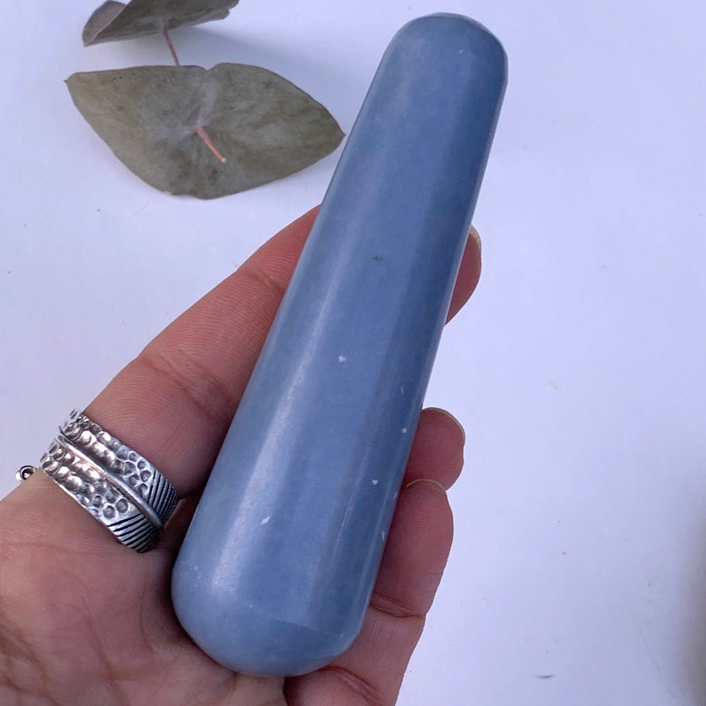 Creamy Blue Angelite Wand Carving From Peru - Earth Family Crystals