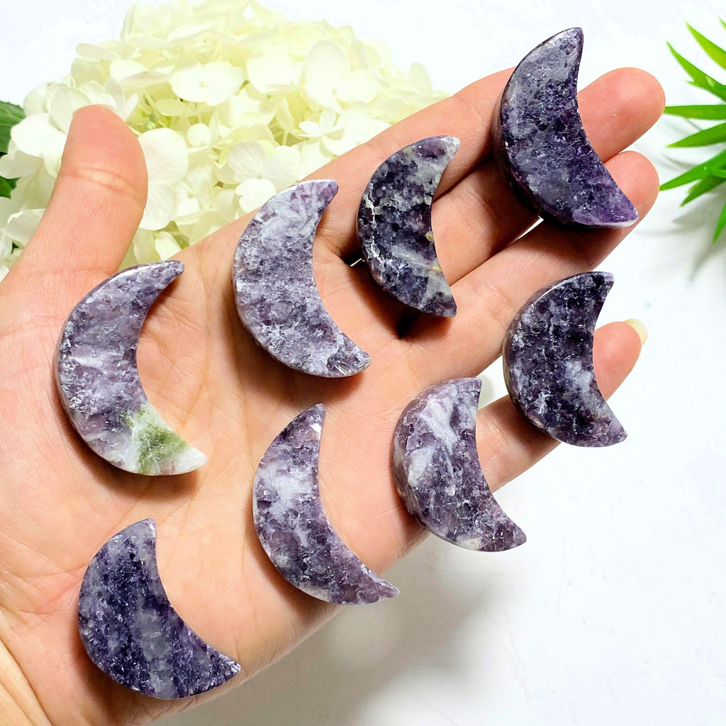 One Lilac Lepidolite Small Crescent Moon Carving - Earth Family Crystals