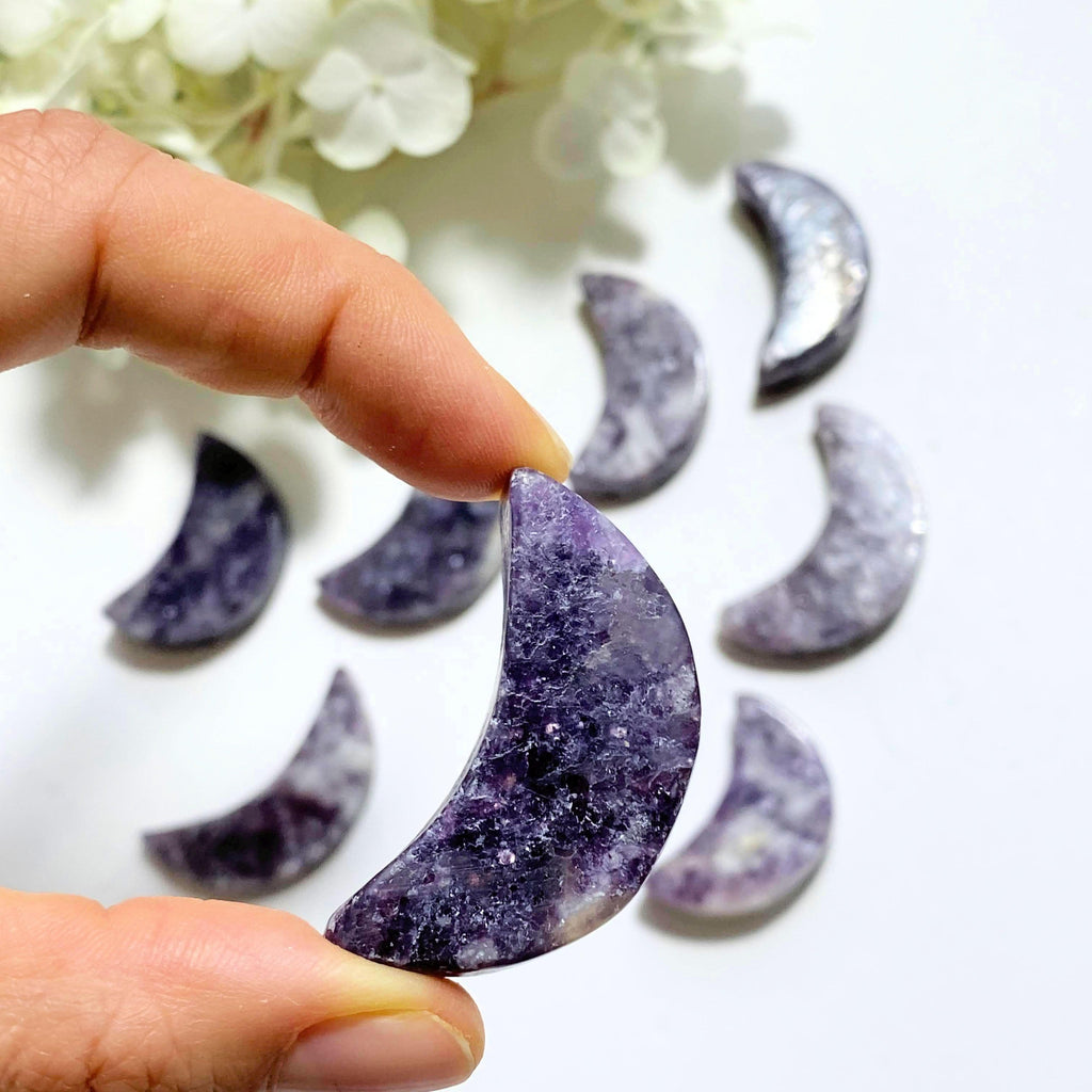 One Lilac Lepidolite Small Crescent Moon Carving - Earth Family Crystals