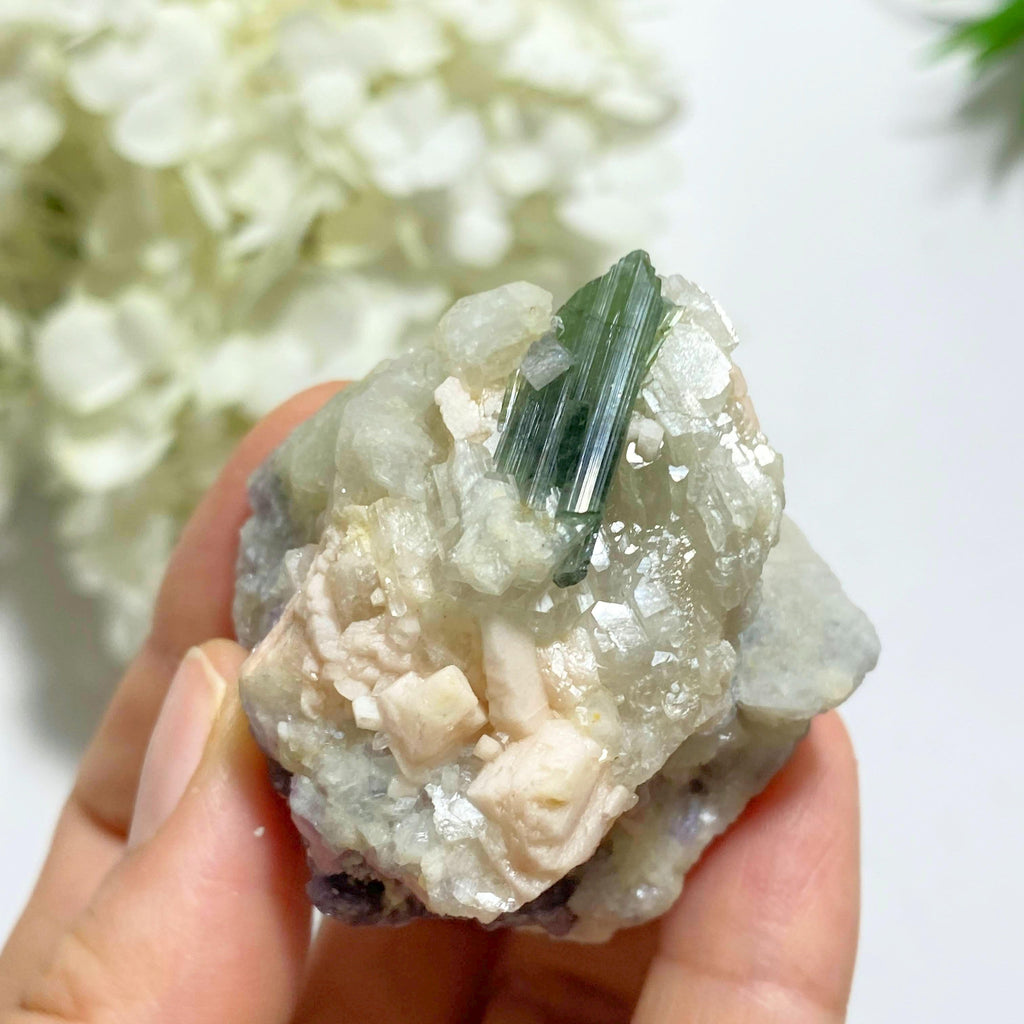 Gemmy Green Tourmaline & Lepidolite Nestled in Quartz Matrix~Locality Brazil - Earth Family Crystals