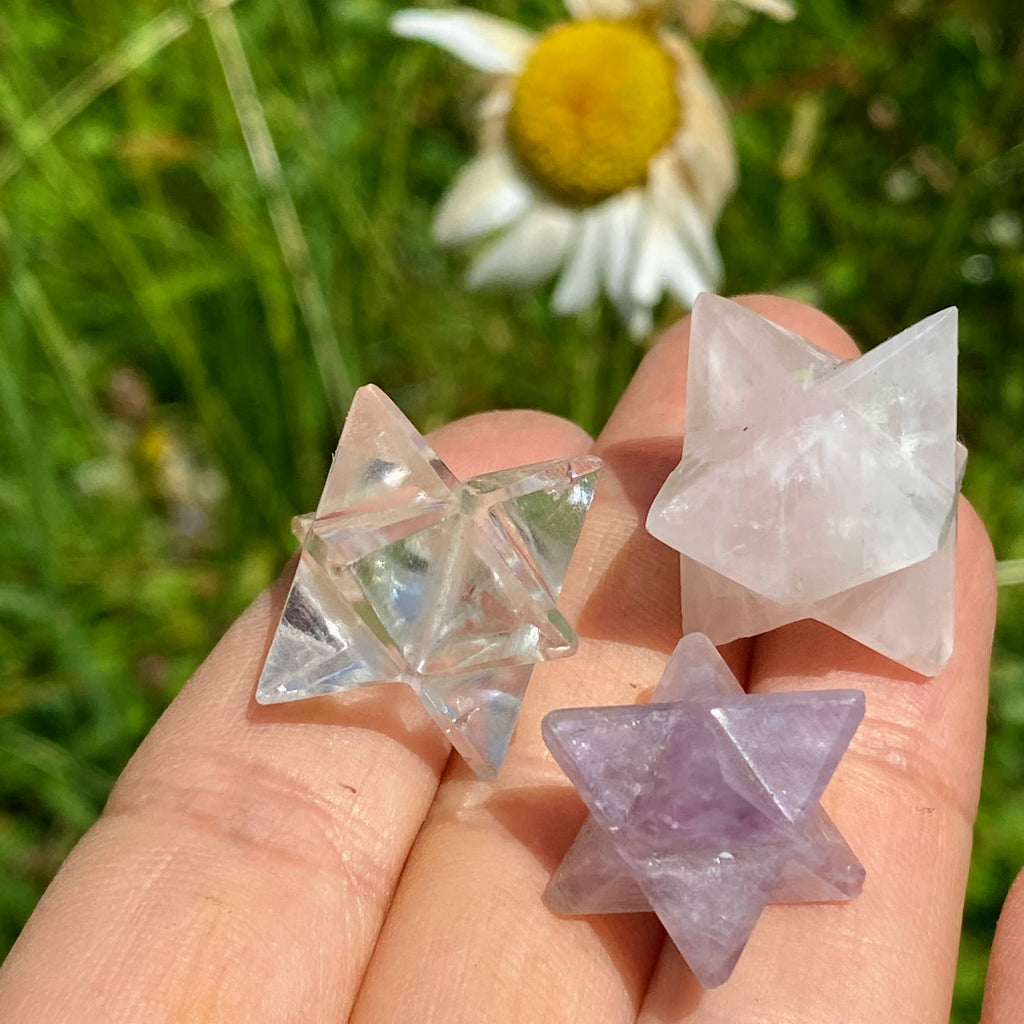 ONE Set of Amethyst, Rose & Clear Quartz Merkaba Small Carvings - Earth Family Crystals