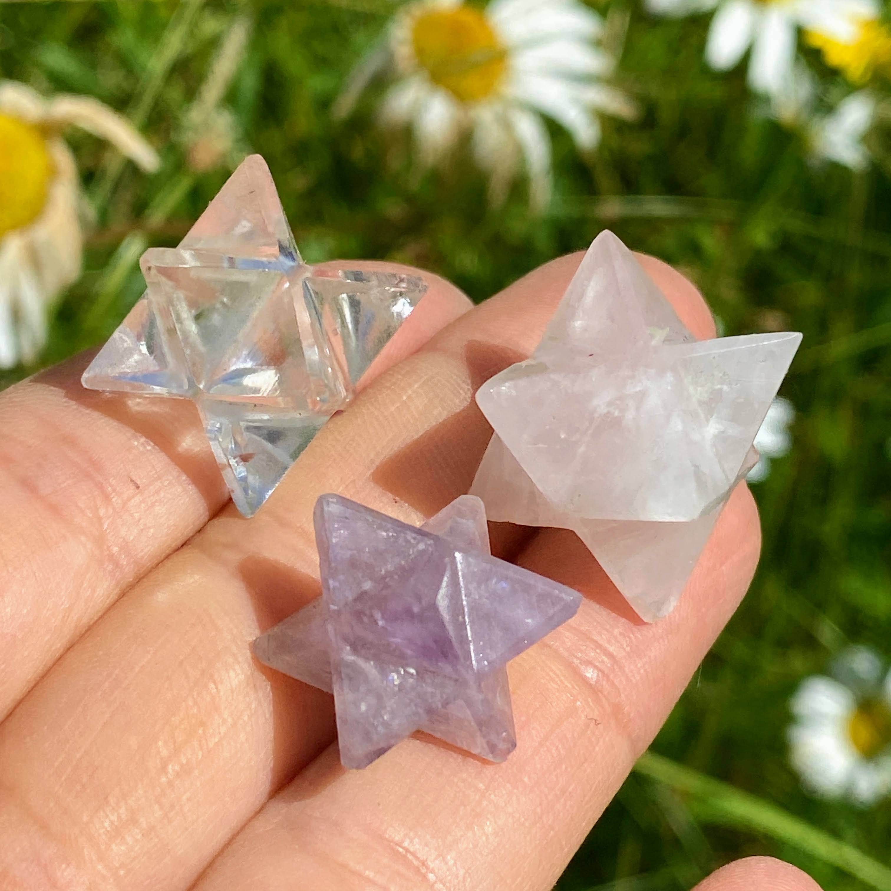 ONE Set of Amethyst, Rose & Clear Quartz Merkaba Small Carvings - Earth Family Crystals