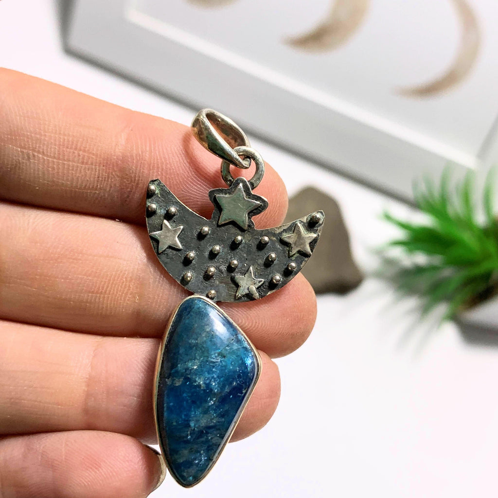Blue Apatite Moon & Stars Sterling Silver Pendant (Includes Silver Chain) REDUCED - Earth Family Crystals