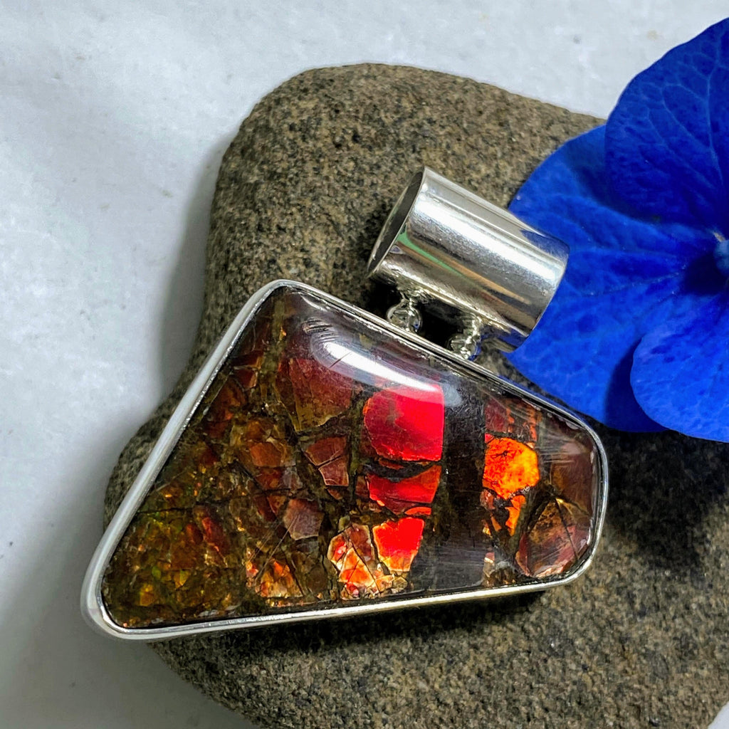 Fire Red Flashes Ammolite Pendant in Sterling Silver (Includes Silver Chain) - Earth Family Crystals