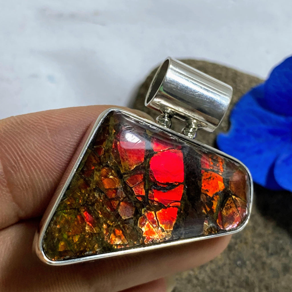Fire Red Flashes Ammolite Pendant in Sterling Silver (Includes Silver Chain) - Earth Family Crystals