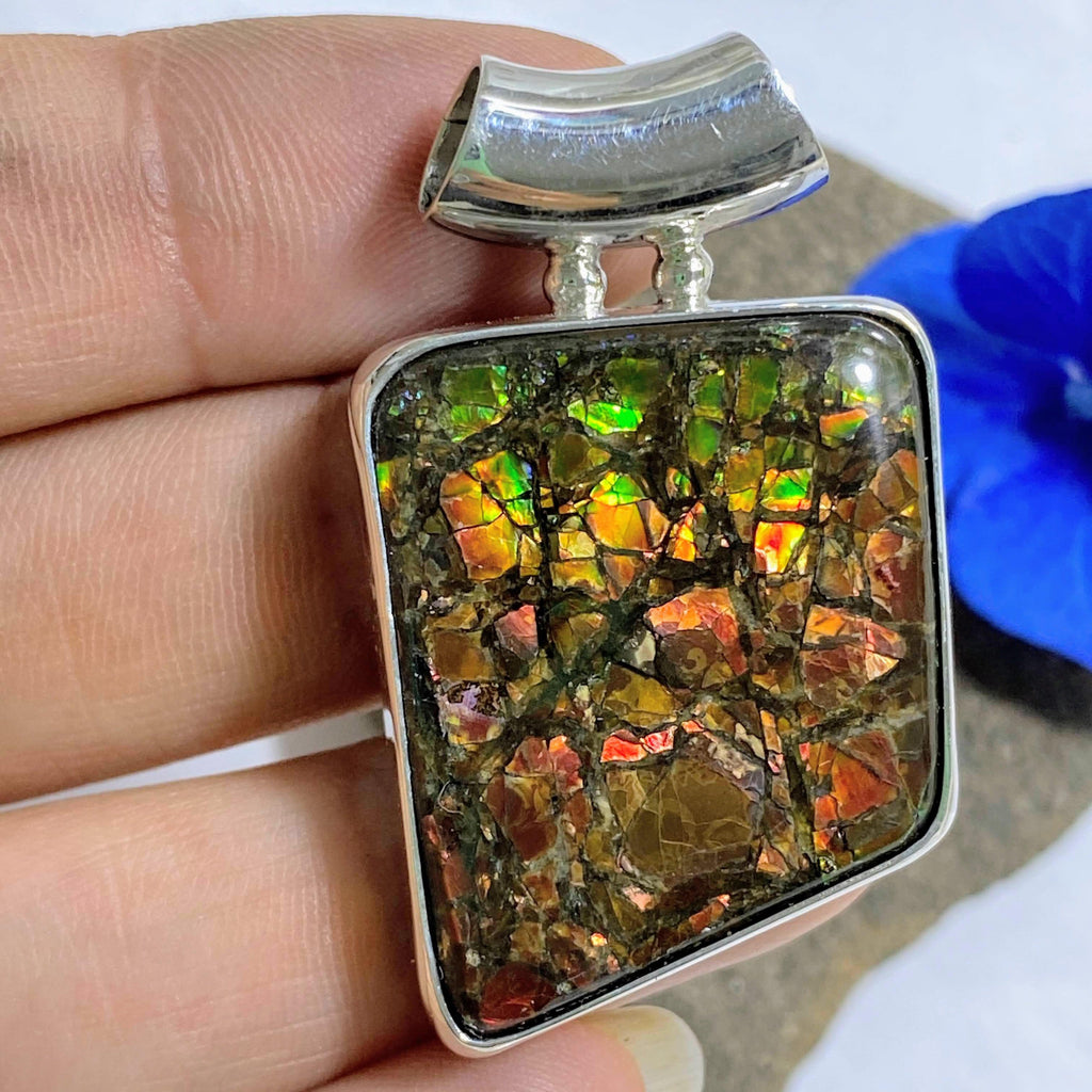 Multi Color Flashes Ammolite Pendant in Sterling Silver (Includes Silver Chain) - Earth Family Crystals