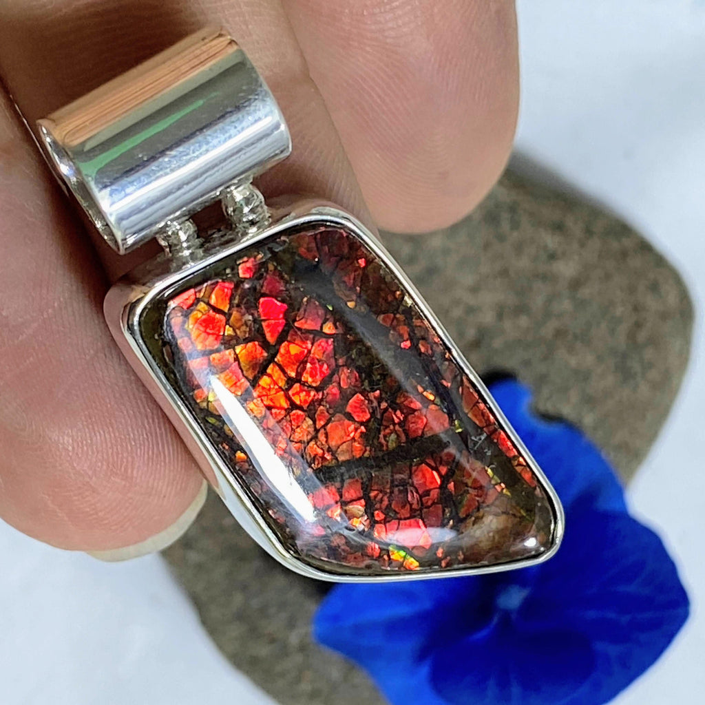 Red Flashes Ammolite Pendant in Sterling Silver (Includes Silver Chain) - Earth Family Crystals