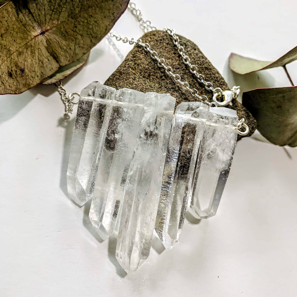 Brilliant Clear Quartz Natural Points Necklace on Long Silver Chain (40 inch) - Earth Family Crystals