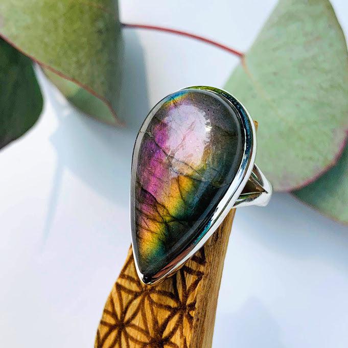 Gorgeous pink & Golden Flash Labradorite Ring in Sterling Silver (Size 7.5) - Earth Family Crystals