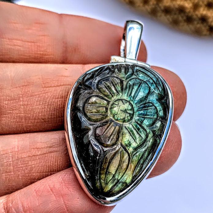Fabulous Flower Carved Labradorite Pendant in Sterling Silver (Includes Silver Chain) #2 - Earth Family Crystals
