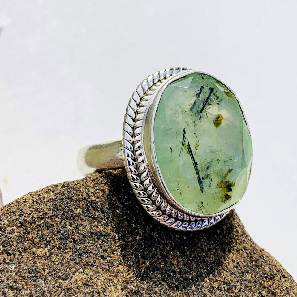 Lovely Mint Green Faceted Prehnite & Epidot Threads  Sterling Silver Ring (Size 9) - Earth Family Crystals