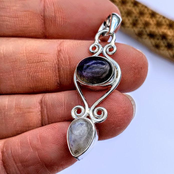 Precious Labradorite & Rainbow Moonstone Pendant in Sterling Silver (Includes Silver Chain) #3 - Earth Family Crystals