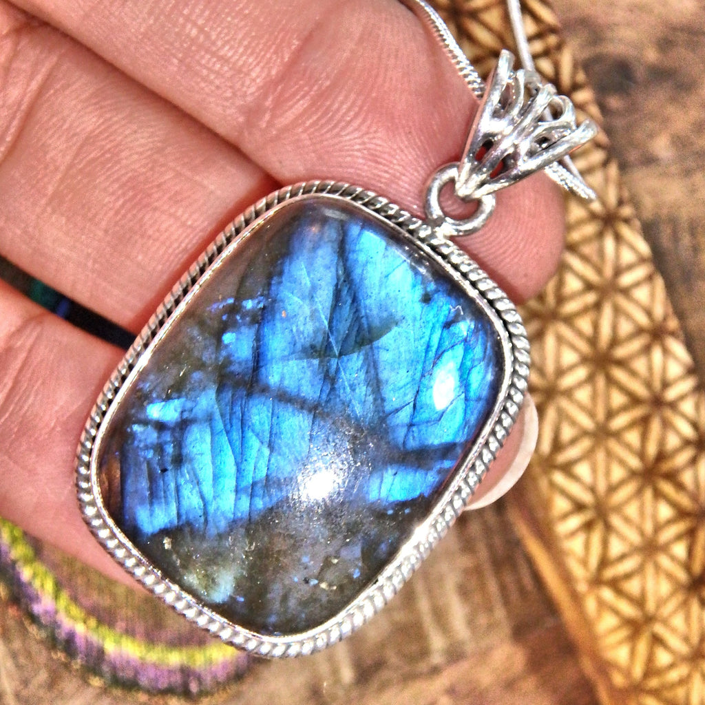 Elegant Deep Blue Flashes of Color Labradorite Pendant in Sterling Silver (Includes Silver Chain) - Earth Family Crystals
