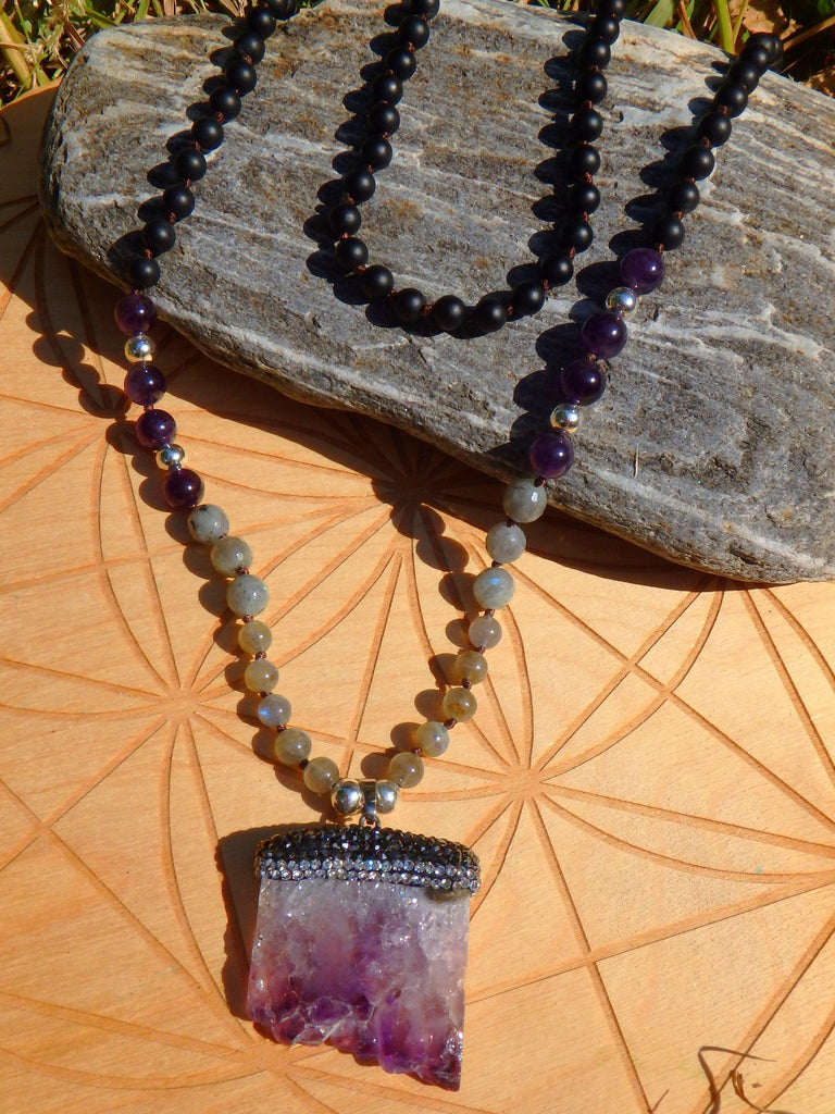 Beautiful Labradorite, Amethyst &  Obsidian Beads Long Necklace With Floating Amethyst Pendant - Earth Family Crystals