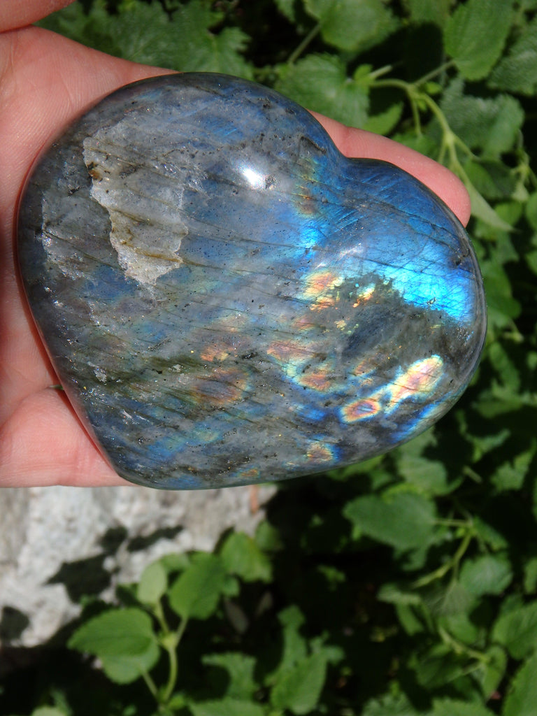 Peach Golden & Blue Flashes Labradorite Heart Carving From Madagascar - Earth Family Crystals