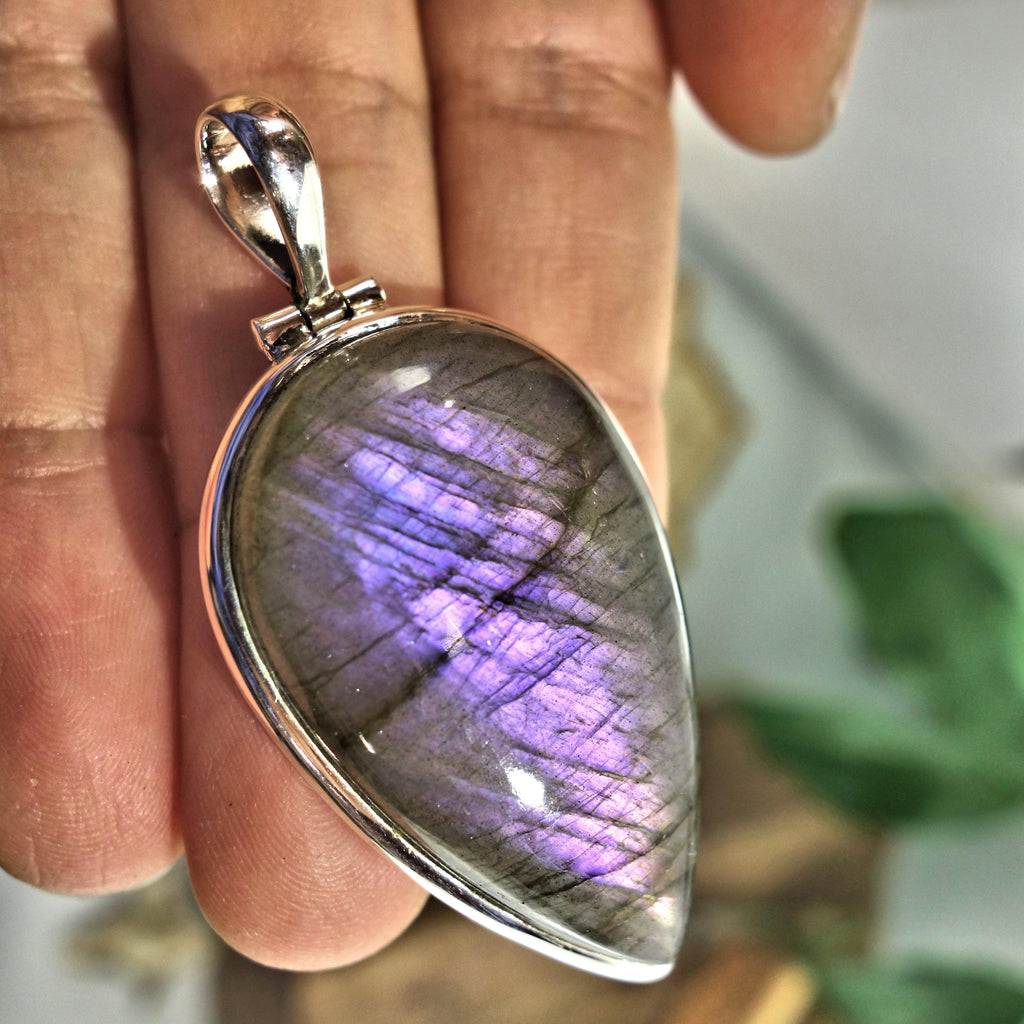 Rare! Gorgeous Large Frosty  Purple & Pink Flashes Labradorite Pendant in Sterling Silver (Includes Silver Chain) - Earth Family Crystals