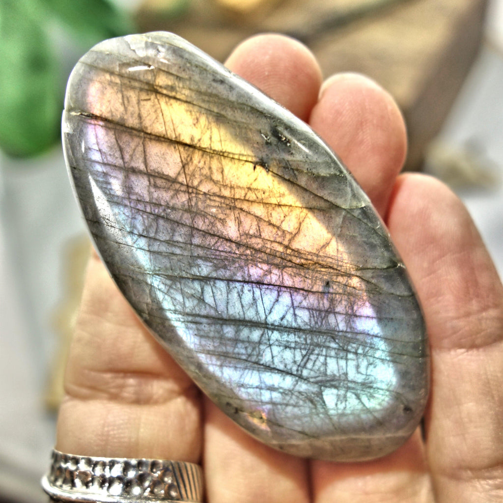 Rare Blushing Purple & Pink Inclusions Labradorite Handheld Palm Stone 4 - Earth Family Crystals