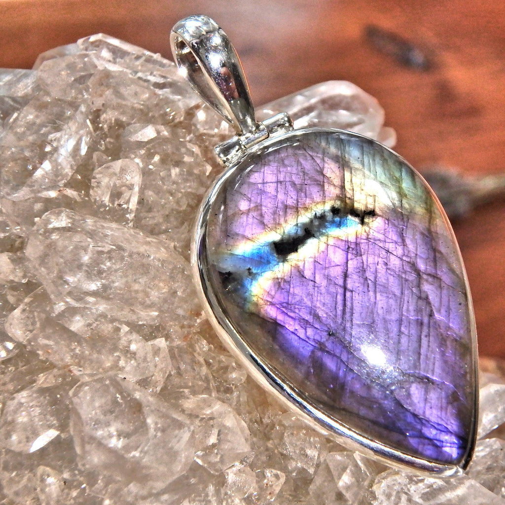 Gorgeous Teardrop Purple Flashes Labradorite Pendant in Sterling Silver (Includes Silver Chain) - Earth Family Crystals