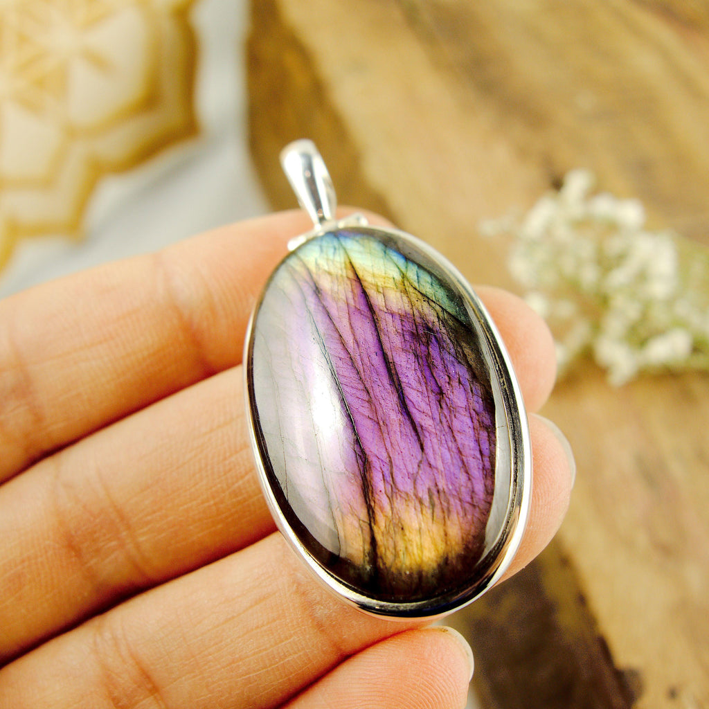 Deep Purple & Pink Rainbow Labradorite Large Pendant in Sterling Silver (Includes Silver Chain) - Earth Family Crystals
