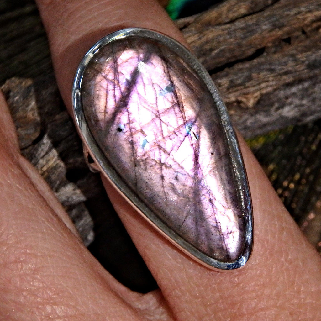 Rare Blushing Frosted Pink Flash Labradorite Ring in Sterling Silver (Size 8) - Earth Family Crystals